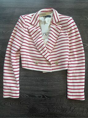 Zara Red and White Striped Cropped Blazer